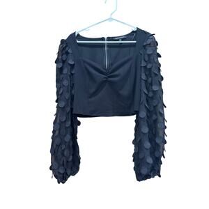 Jealous tomato black top blouse with long‎ sheer puffy sleeves